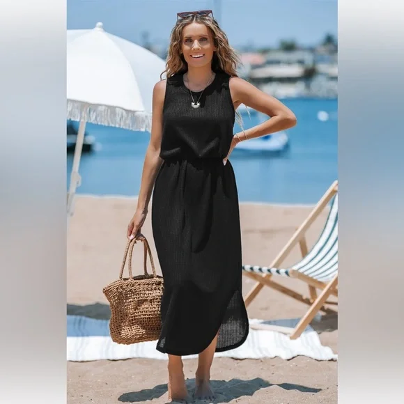 NWT Black Round Neck Sleeveless Dolphin Hem Midi Dress - Picture 4 of 4